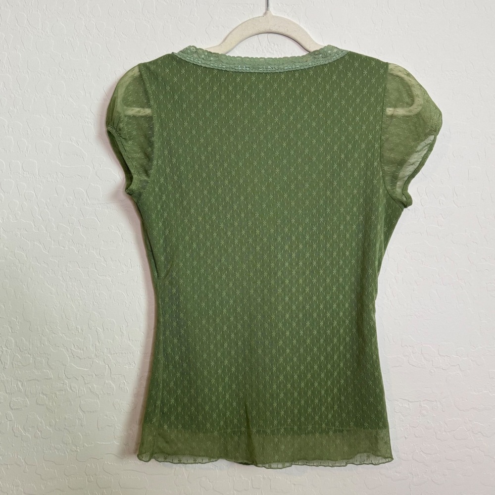 Y2K Romantic Olive Green Mesh Lace Sweetheart Floral Pointelle Top Boho Sz M - Picture 8 of 8
